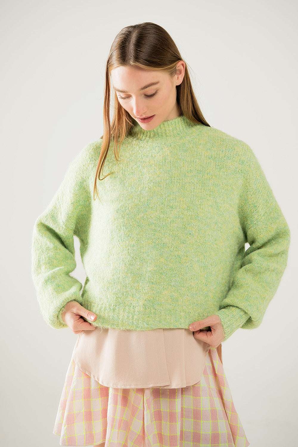 Fluffy light green sweater with high neck and balloon sleeves - Jumpers