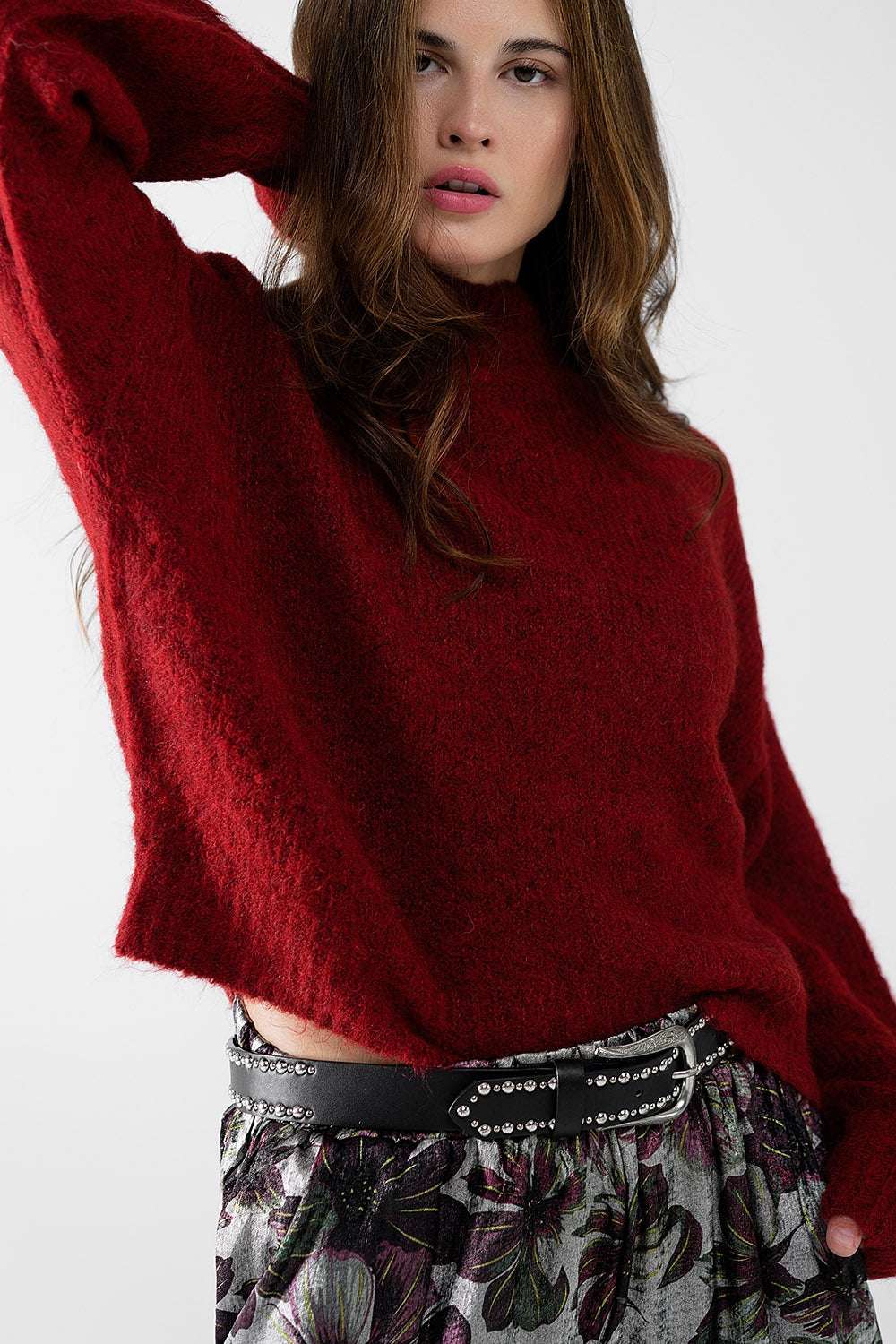 Fluffy red sweater with high neck and balloon sleeves - Jumpers