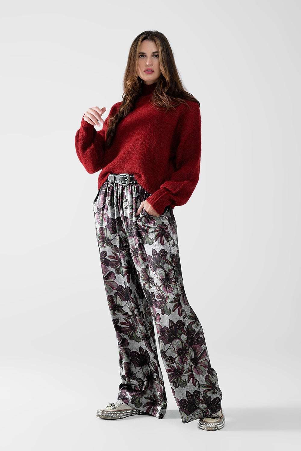 Fluffy red sweater with high neck and balloon sleeves - Jumpers