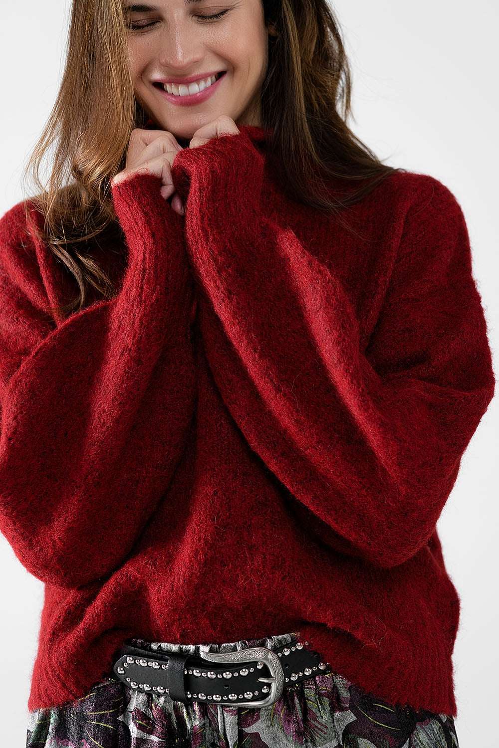 Fluffy red sweater with high neck and balloon sleeves - Jumpers