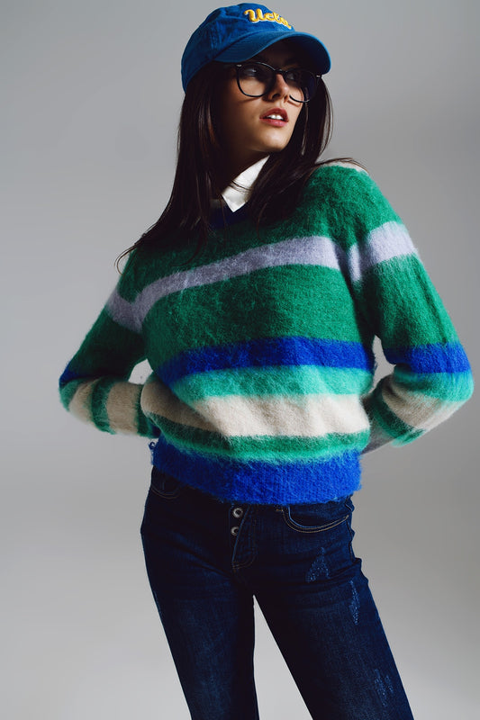Fluffy Stripy Sweater in Shades of Blue Green and White. - Jumpers