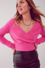 Fluffy v neck knit jumper in fuchsia