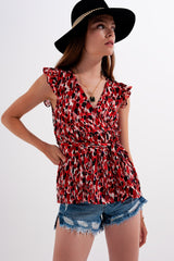 Frill detail chiffon blouse in animal print