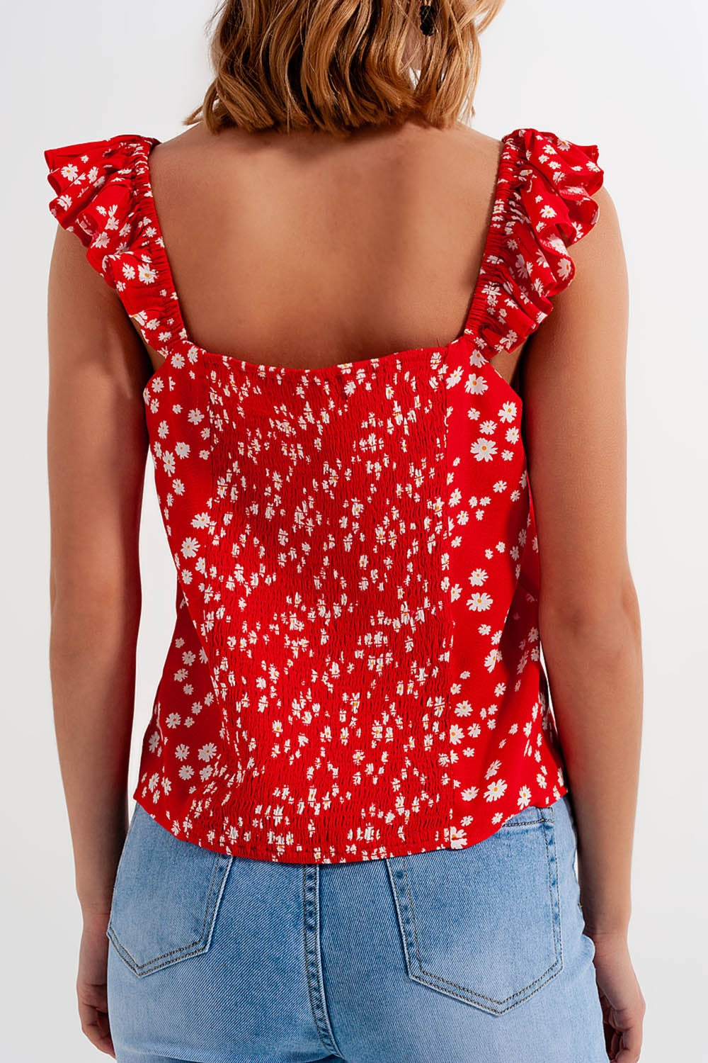 Frill strap cami top in red ditsy floral print - Tops