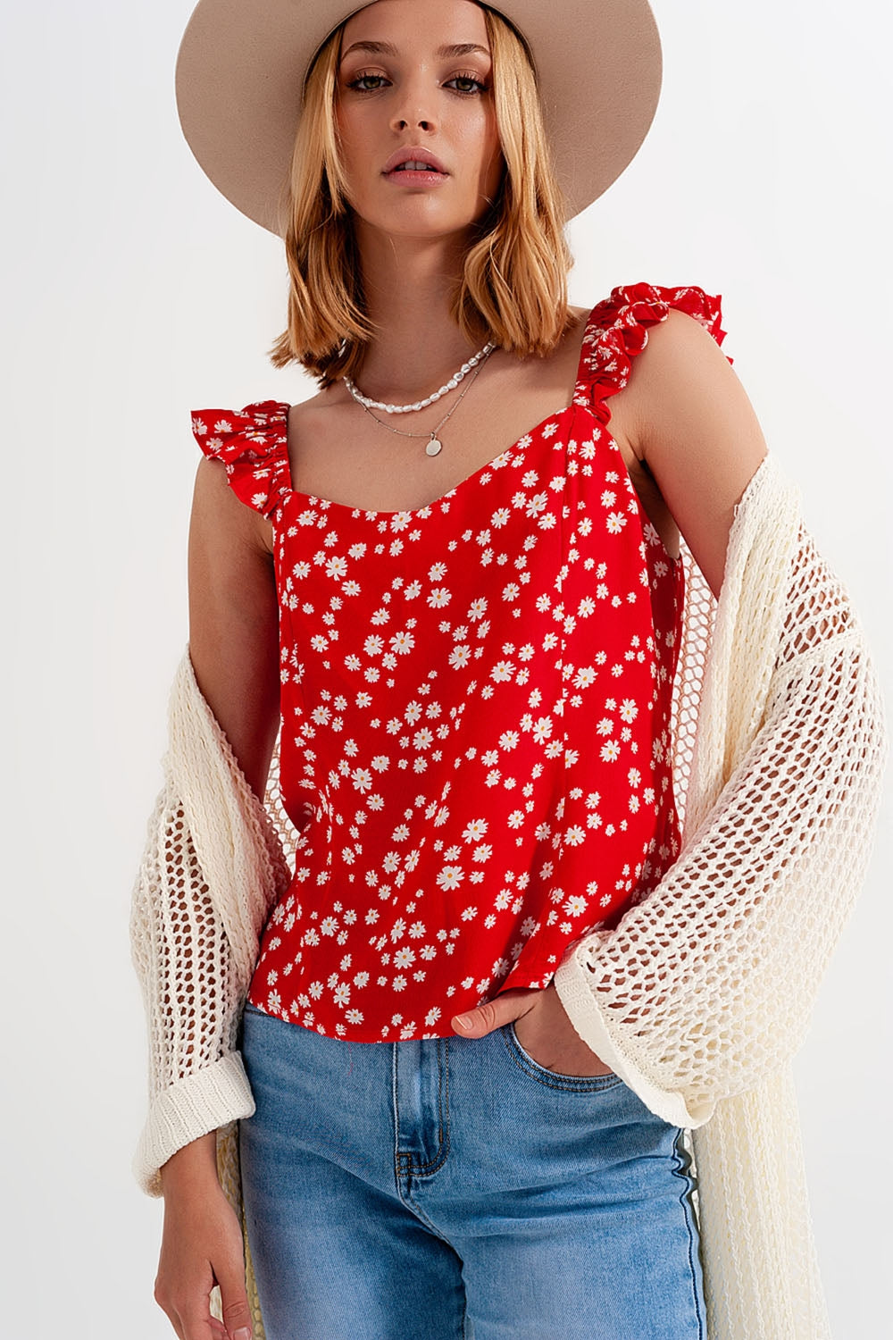 Frill strap cami top in red ditsy floral print - Tops