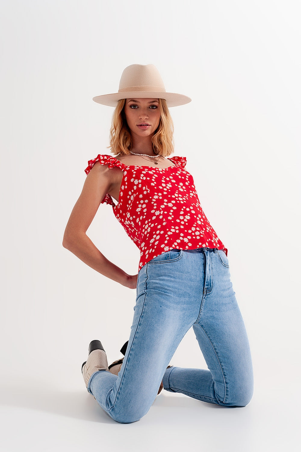 Frill strap cami top in red ditsy floral print - Tops