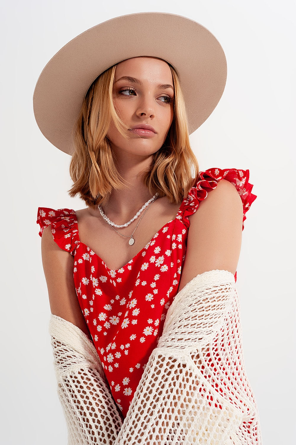 Frill strap cami top in red ditsy floral print - Tops