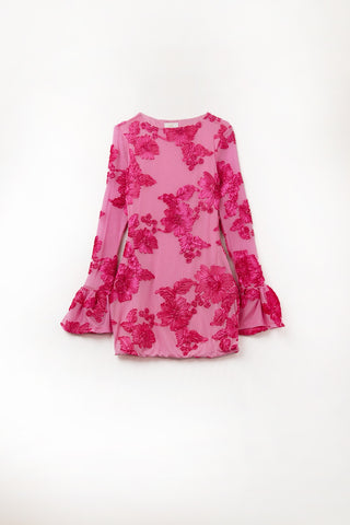 fuchsia chiffon mini dress with floral brocade