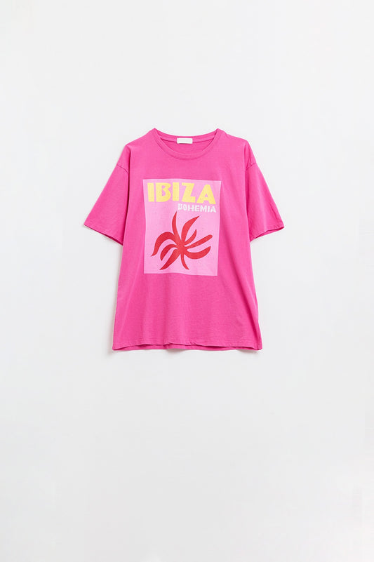 Fuchsia Ibiza Bohemia Relaxed T-Shirt With Pink Print - Tops