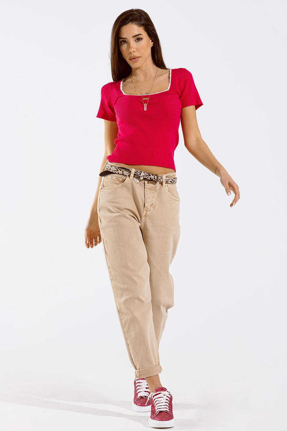 Fuchsia Knitted Short Sleeve Sweater With Square Neck and White Trim - Sweaters