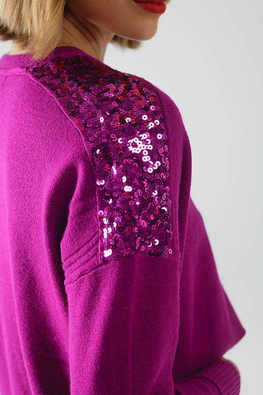 fuchsia Long Sleeves Sweater With Sequins on The Shoulders - Sweaters