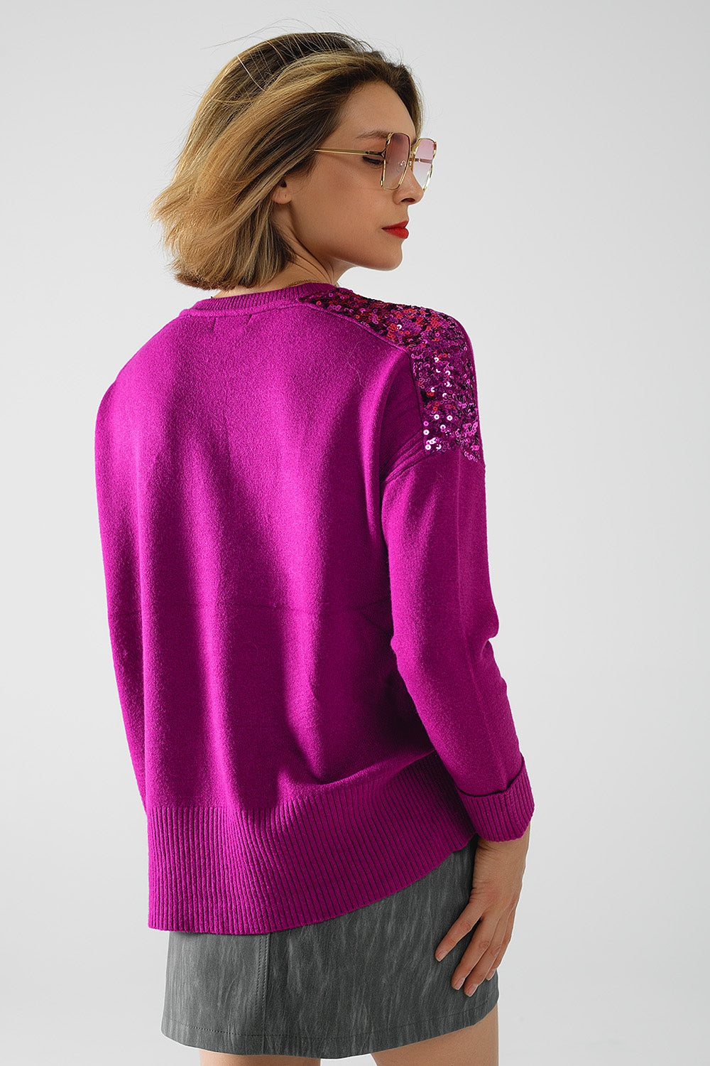 fuchsia Long Sleeves Sweater With Sequins on The Shoulders - Sweaters