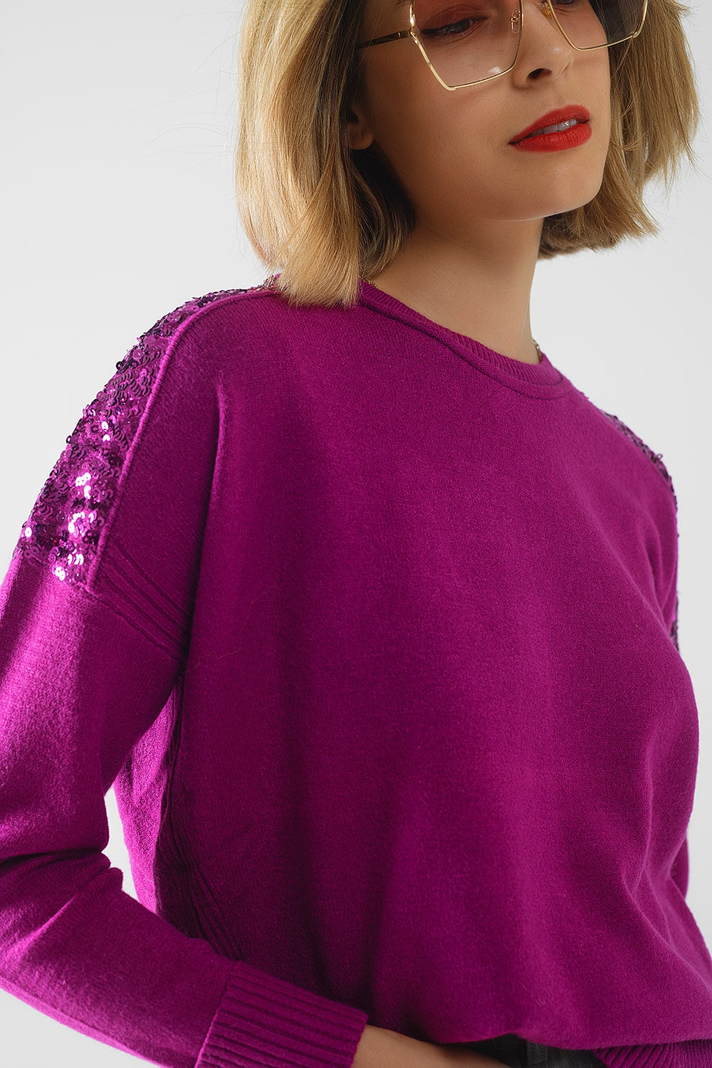 fuchsia Long Sleeves Sweater With Sequins on The Shoulders - Sweaters