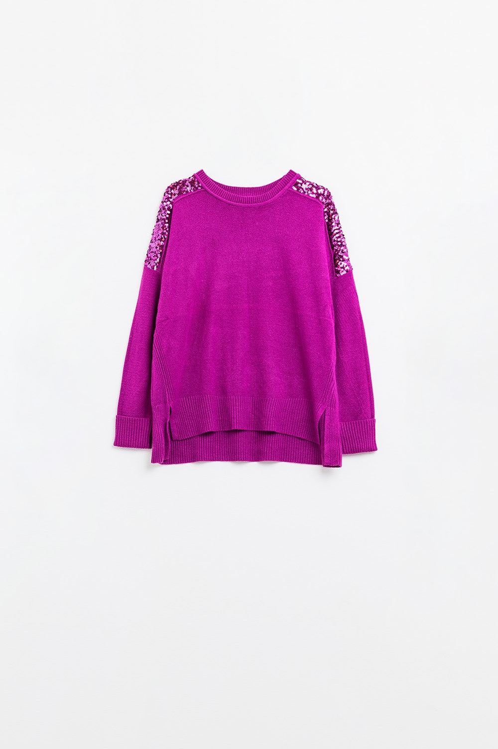 fuchsia Long Sleeves Sweater With Sequins on The Shoulders - Sweaters