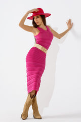 Robe longue en tricot sans manches au crochet fuchsia
