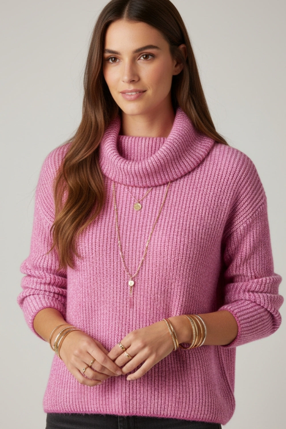 fuchsia ribbed knit sweater with a roll neck -