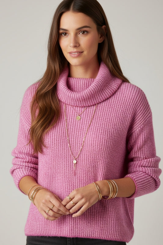 fuchsia ribbed knit sweater with a roll neck -