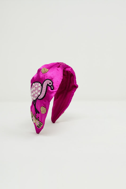 Fuchsia Satin Headband with Embroidered Flamigos - Headbands