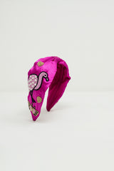 Fuchsia Satin Headband with Embroidered Flamigos