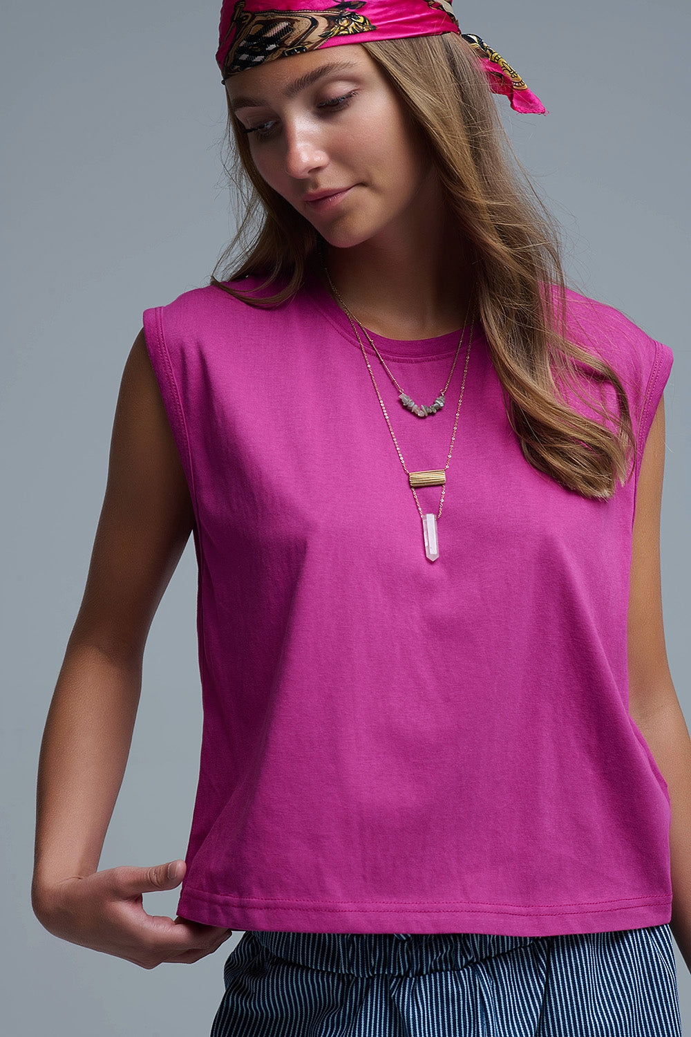 Fuchsia Sleeveless cotton T-shirt - Tops