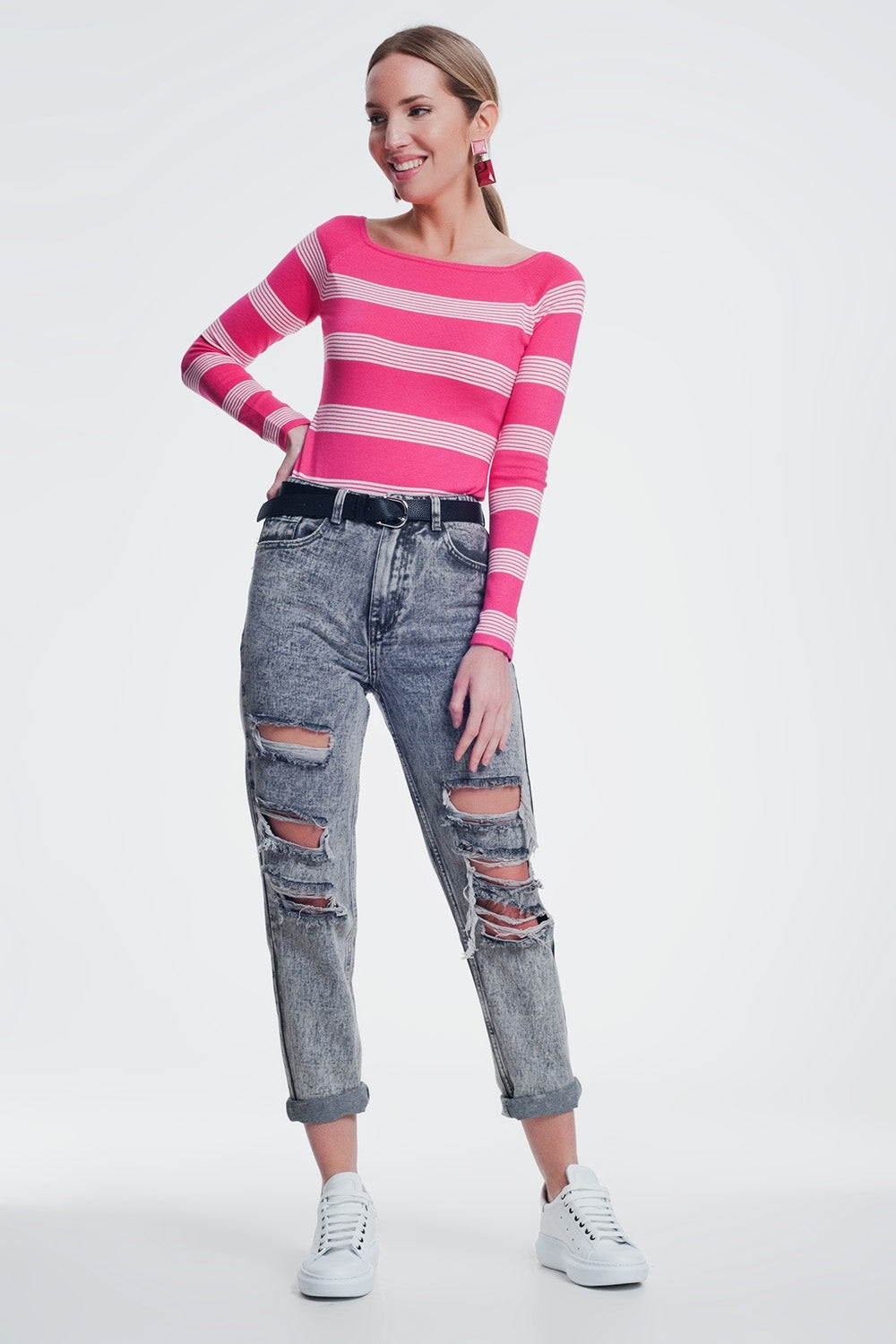 Fuchsia striped sweater with boat neck - Sweaters