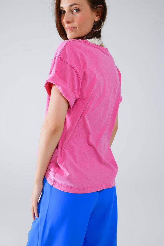 Fuchsia T-shirt With famous Names Logos At The Front - Tops
