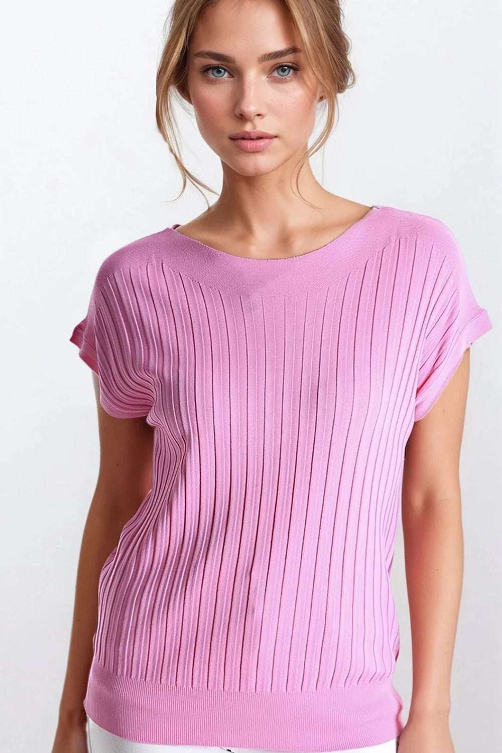 Fucshia fine Rib knitted Sweater with boat neck - Sweaters