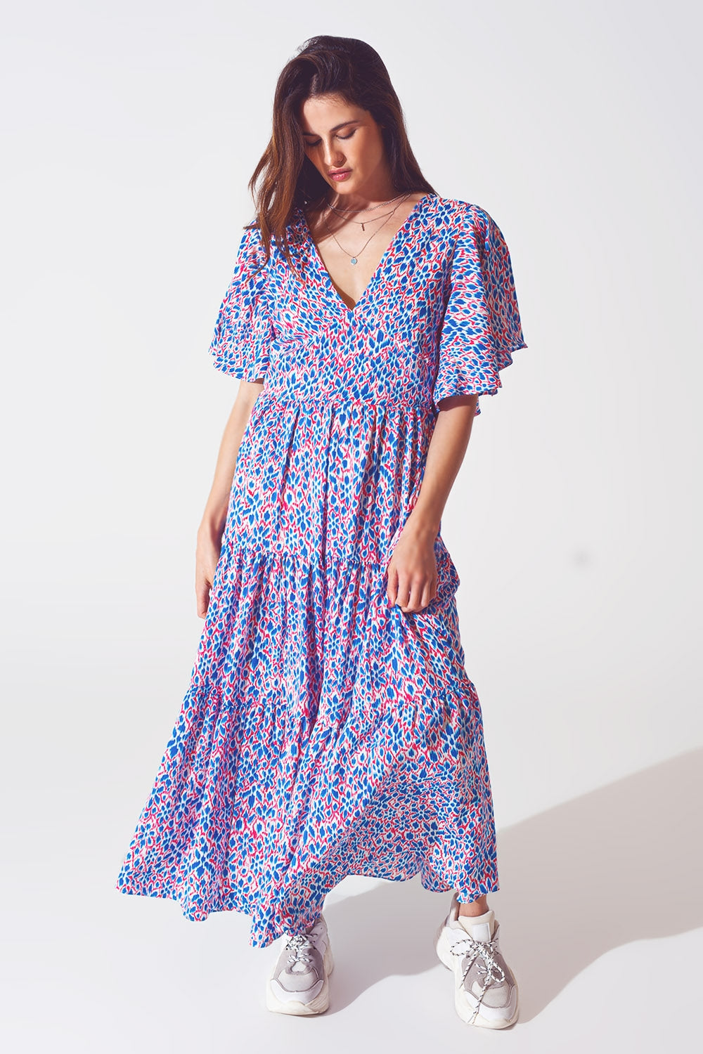Full Length Dress With Open Tie back in Purple Print - Dresses