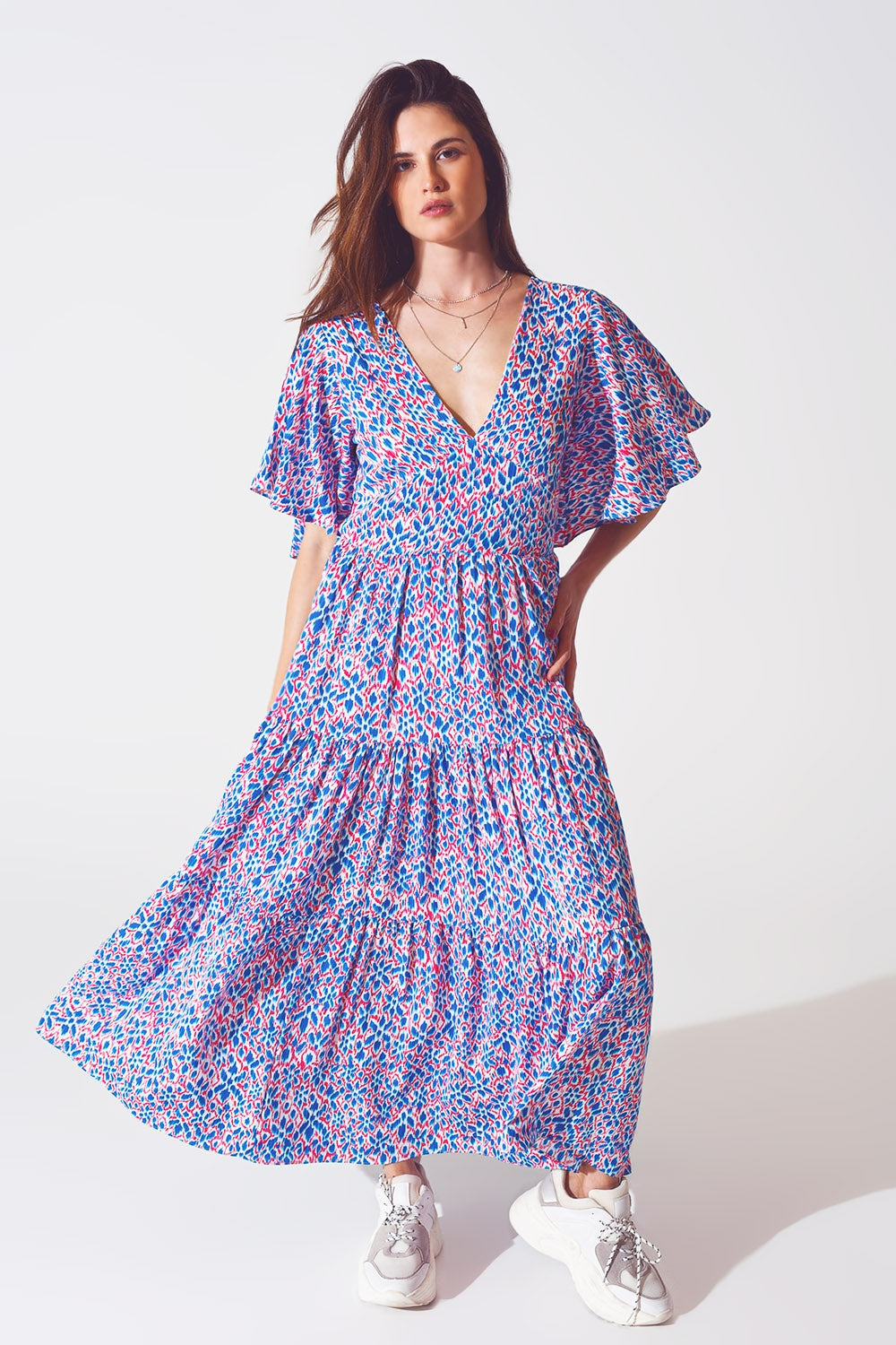 Full Length Dress With Open Tie back in Purple Print - Dresses
