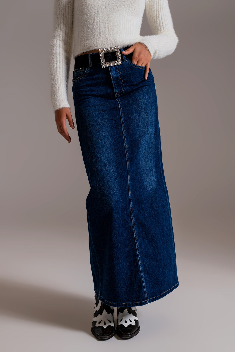 Full Length Stretch Denim 90's Skirt in Dark Wash - Skirts