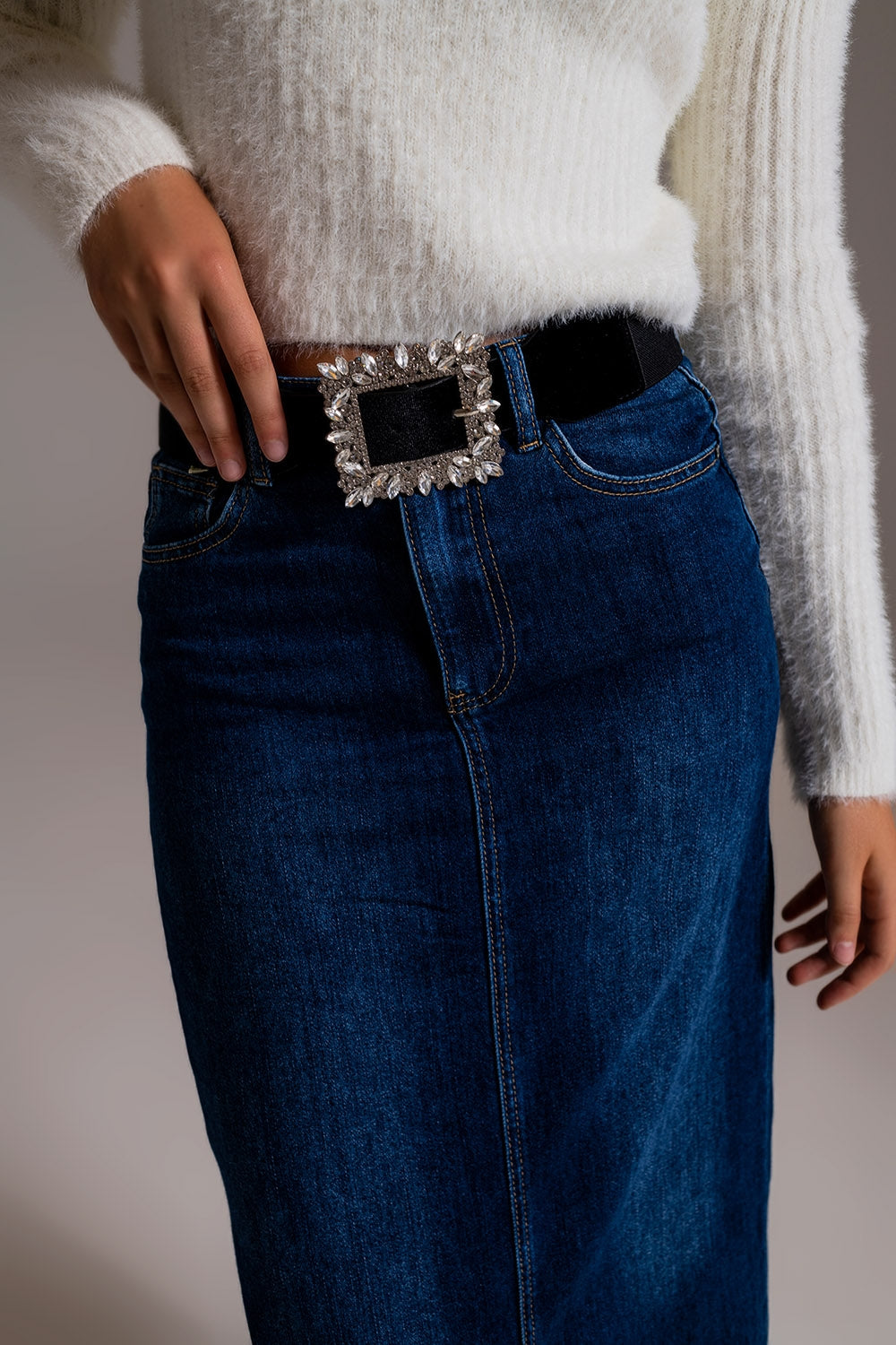 Full Length Stretch Denim 90's Skirt in Dark Wash - Skirts