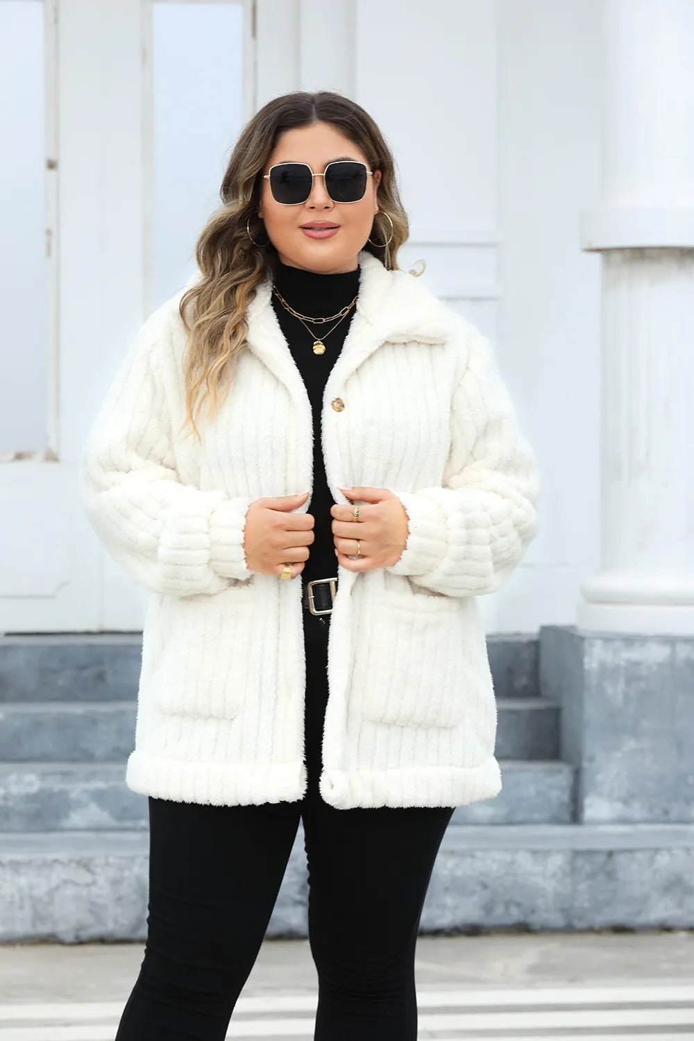 Plus Size Fuzzy Collared Neck Long Sleeve Jacket White - Coats & Jackets