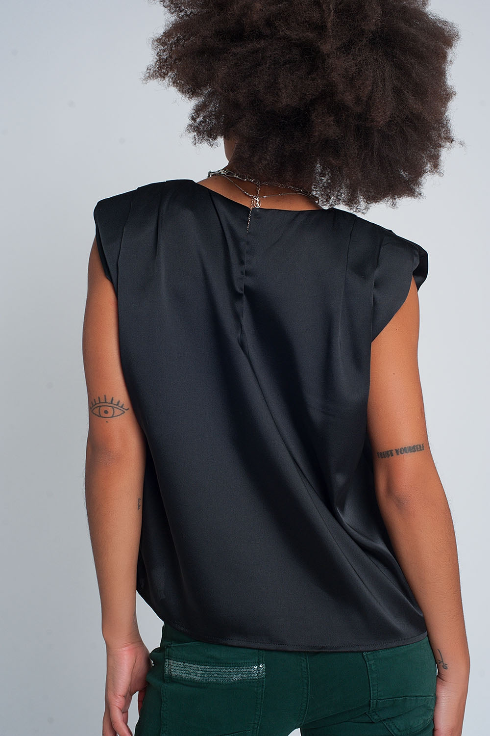 Gathered satin shoulder pad sleeveless top in black - Tops
