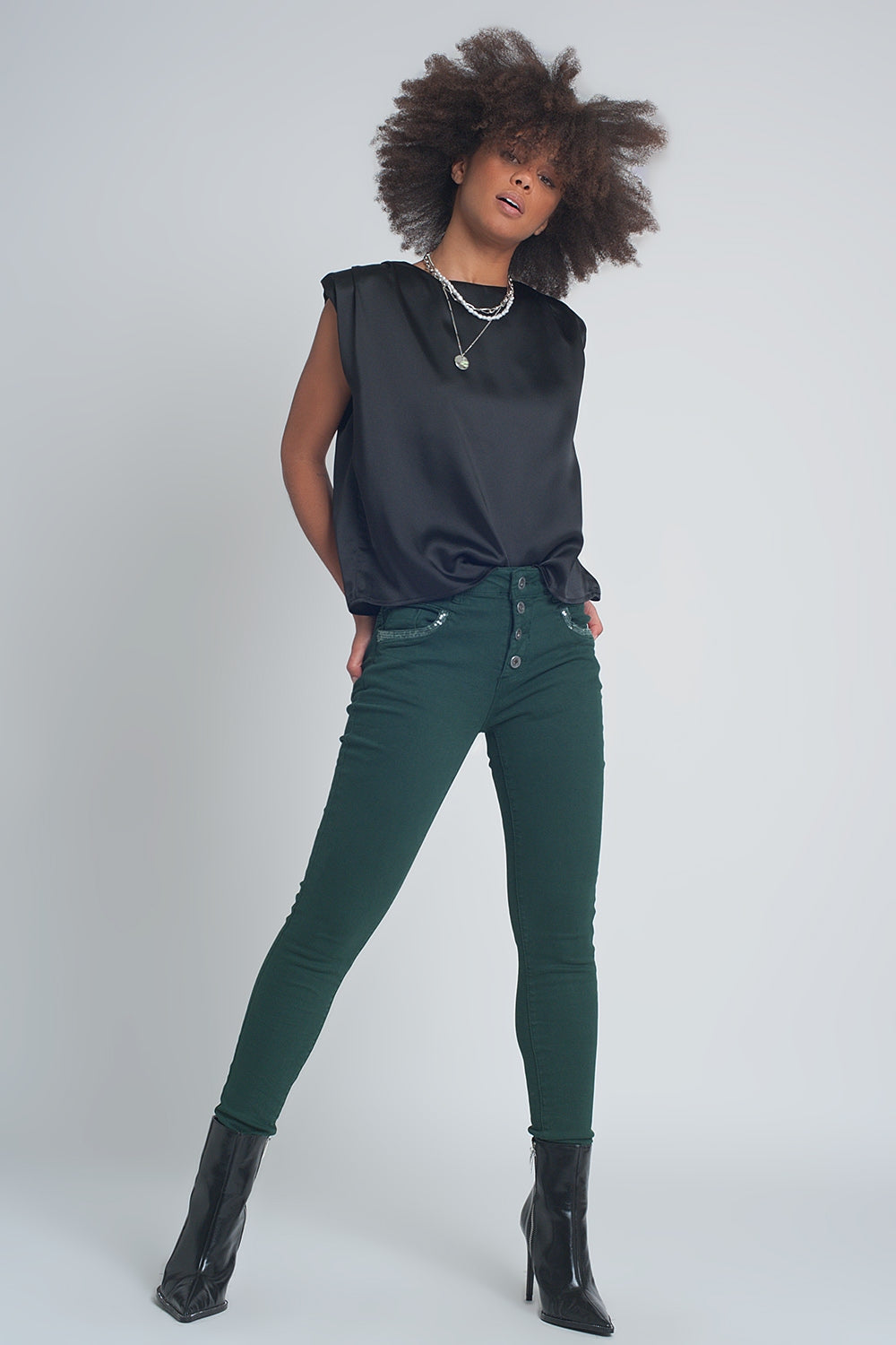 Gathered satin shoulder pad sleeveless top in black - Tops