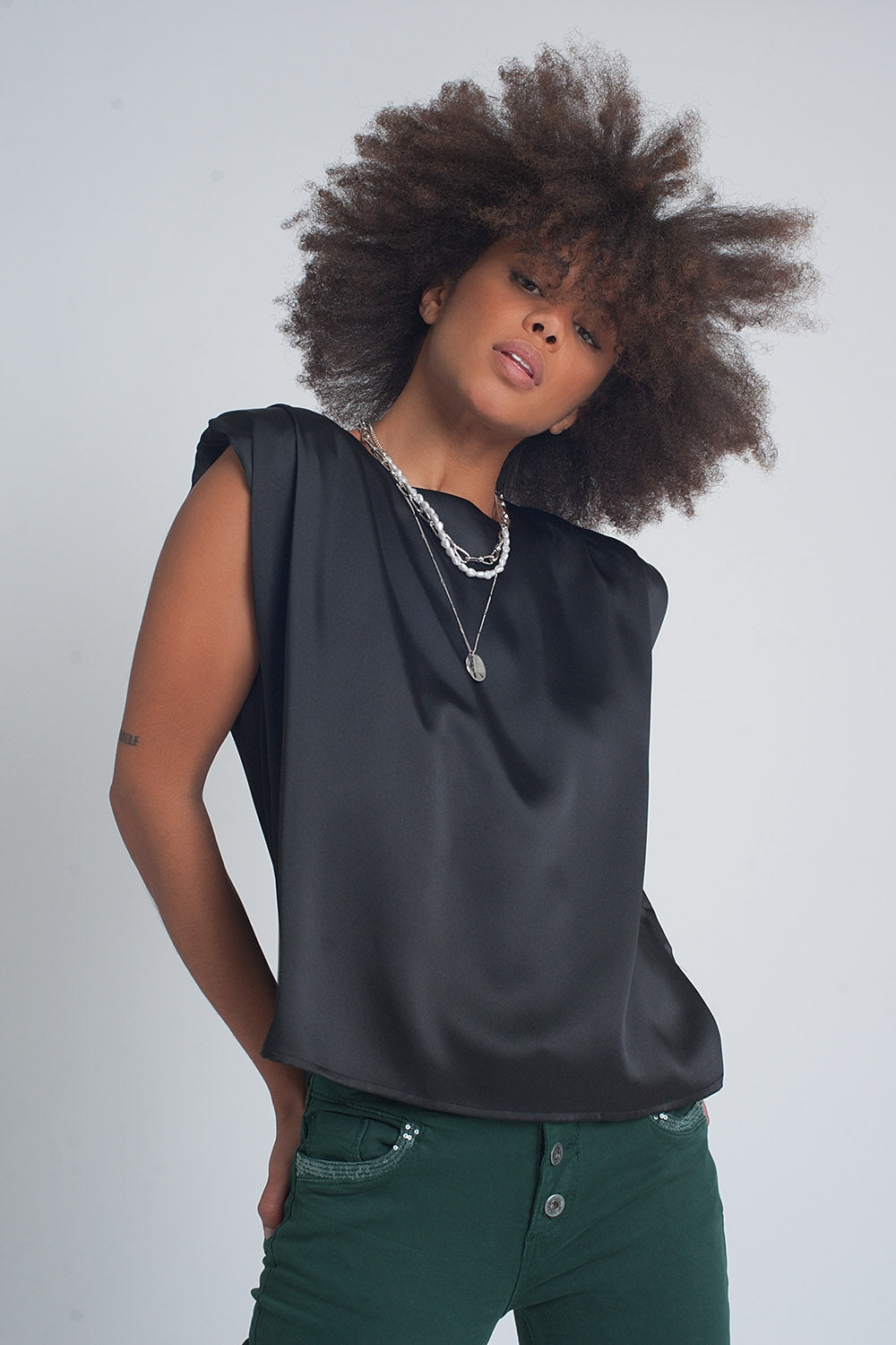 Gathered satin shoulder pad sleeveless top in black - Tops