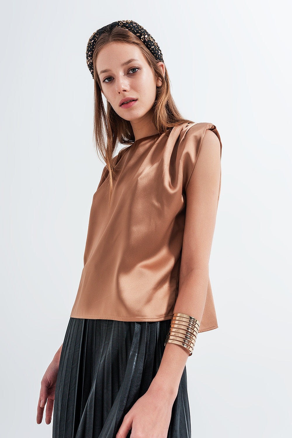 Gathered satin shoulder pad sleeveless top in gold - Sleeveless Tops