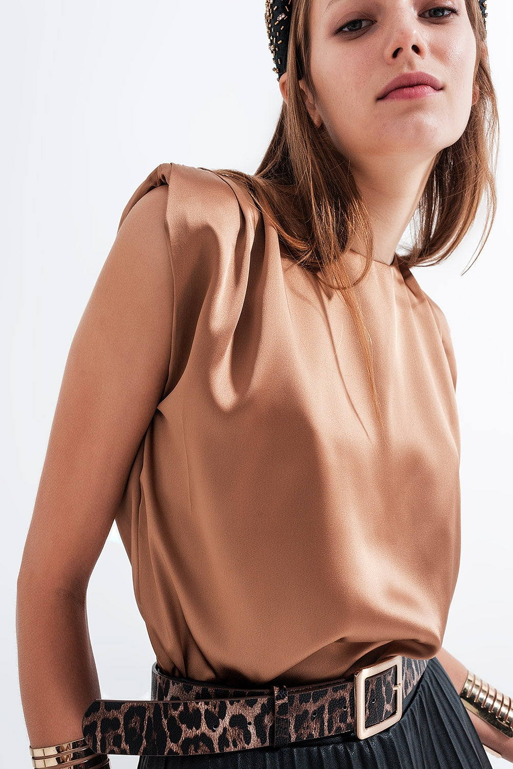 Gathered satin shoulder pad sleeveless top in gold - Sleeveless Tops