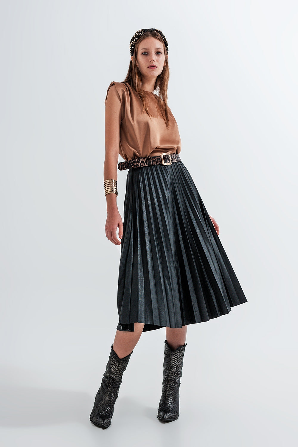 Gathered satin shoulder pad sleeveless top in gold - Sleeveless Tops