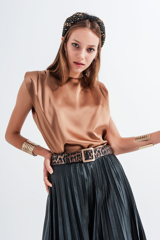 Gathered satin shoulder pad sleeveless top in gold - Sleeveless Tops