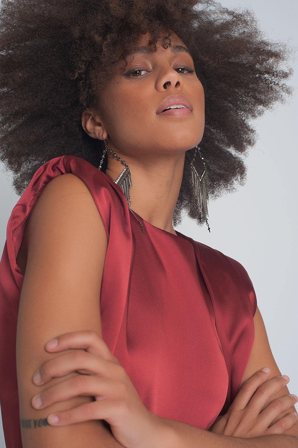 Gathered satin shoulder pad sleeveless top in red - Tops