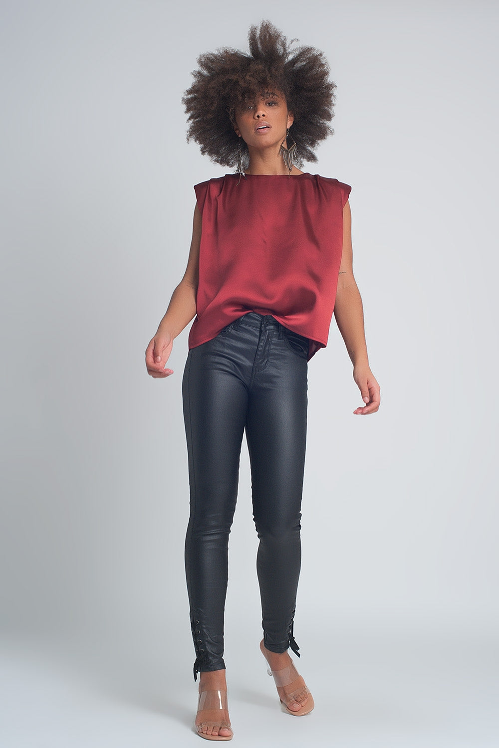 Gathered satin shoulder pad sleeveless top in red - Tops