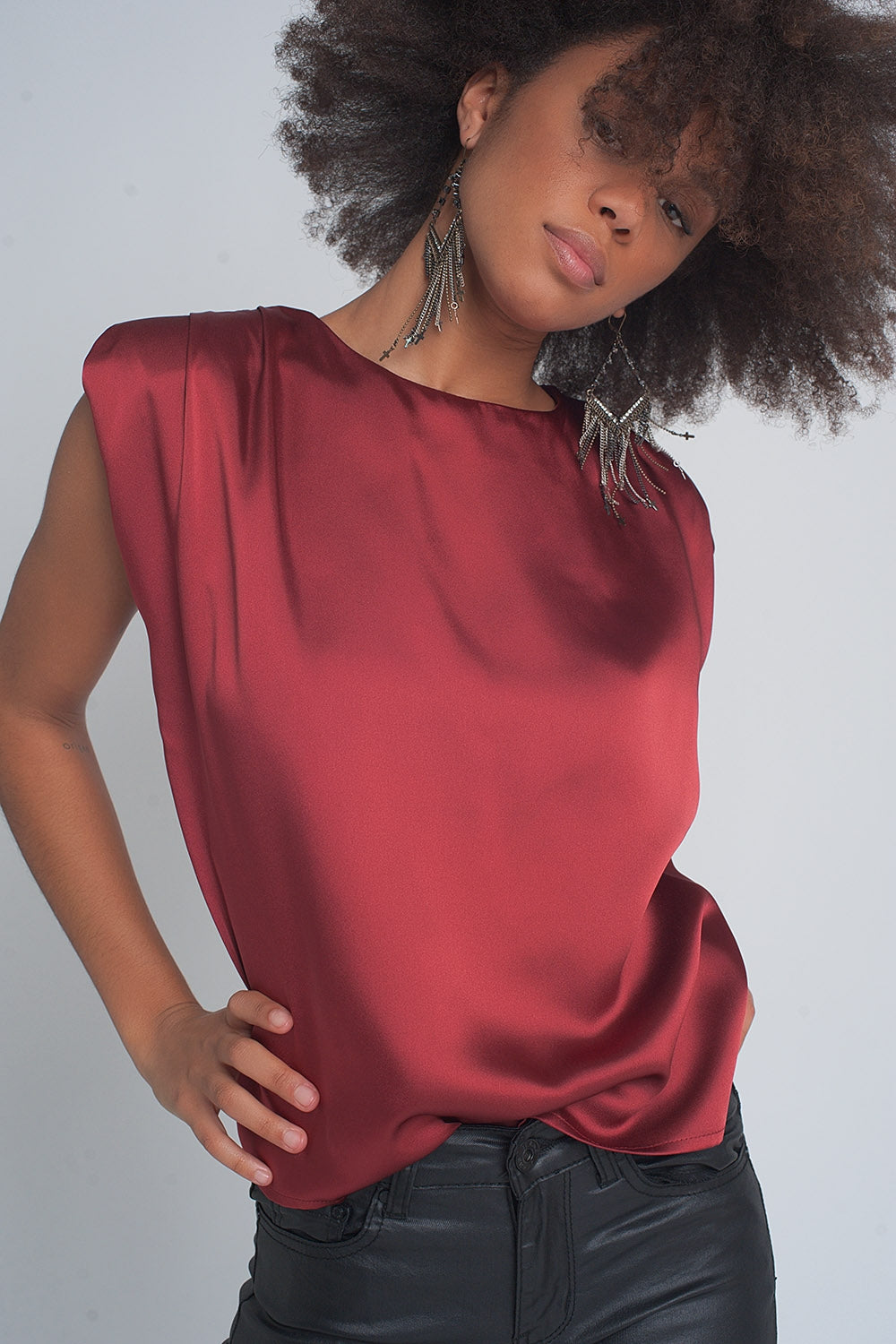 Gathered satin shoulder pad sleeveless top in red - Tops