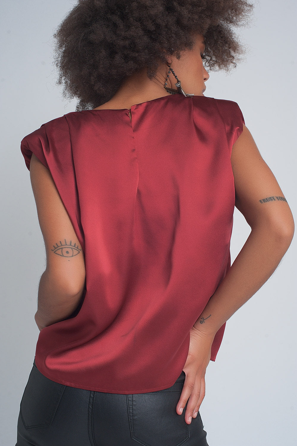 Gathered satin shoulder pad sleeveless top in red - Tops