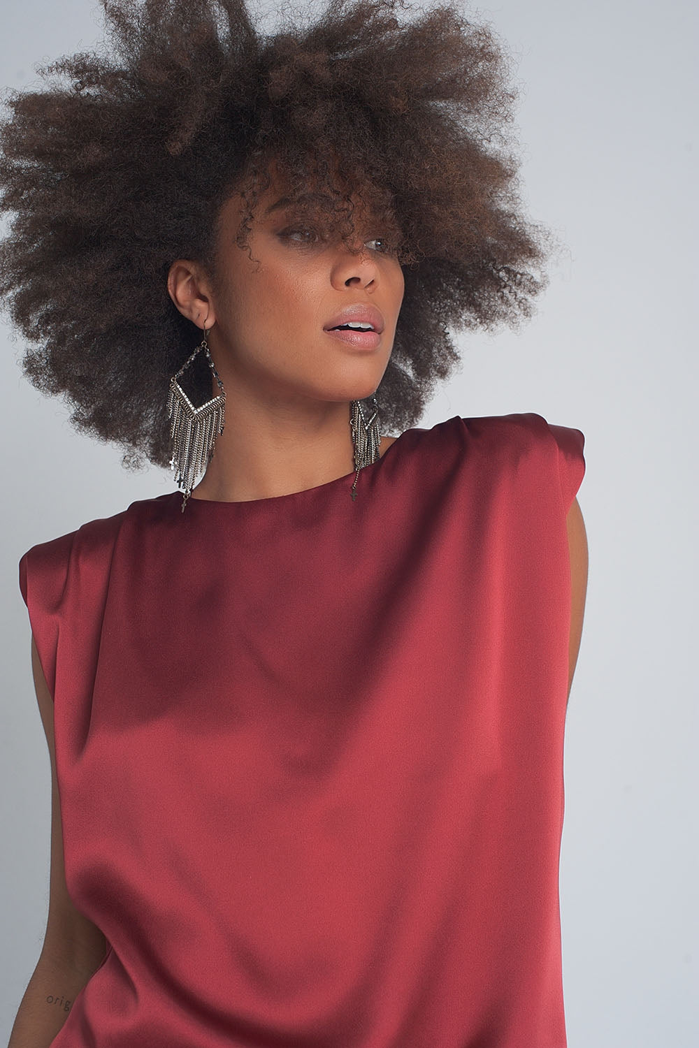 Gathered satin shoulder pad sleeveless top in red - Tops