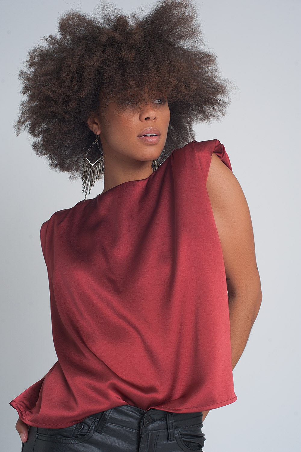 Gathered satin shoulder pad sleeveless top in red - Tops