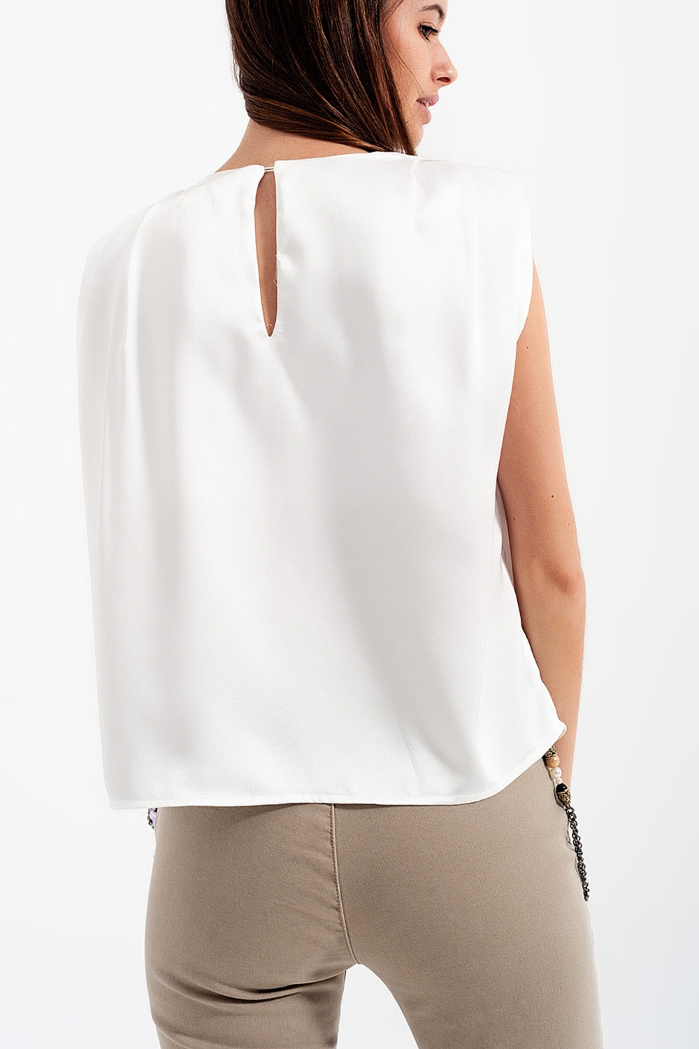 Gathered satin shoulder pad sleeveless top in white - Tops