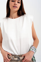 Gathered satin shoulder pad sleeveless top in white