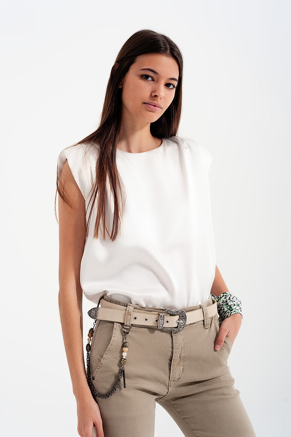 Gathered satin shoulder pad sleeveless top in white - Tops