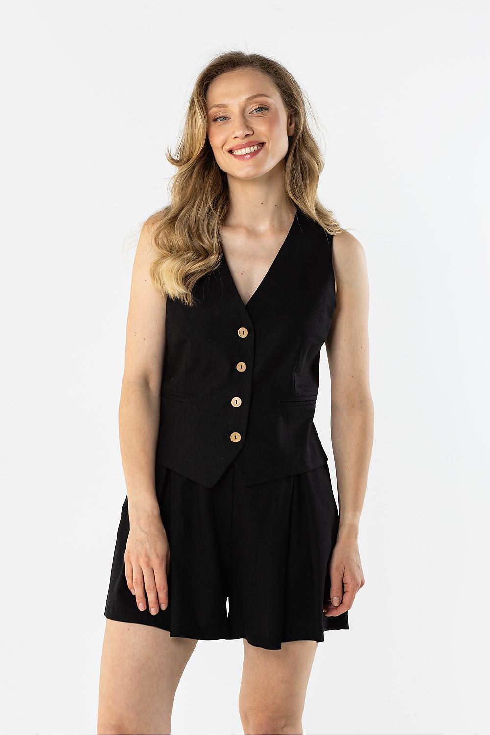 Awama black gilet with buttons, perfect for a stylish layered look in any season