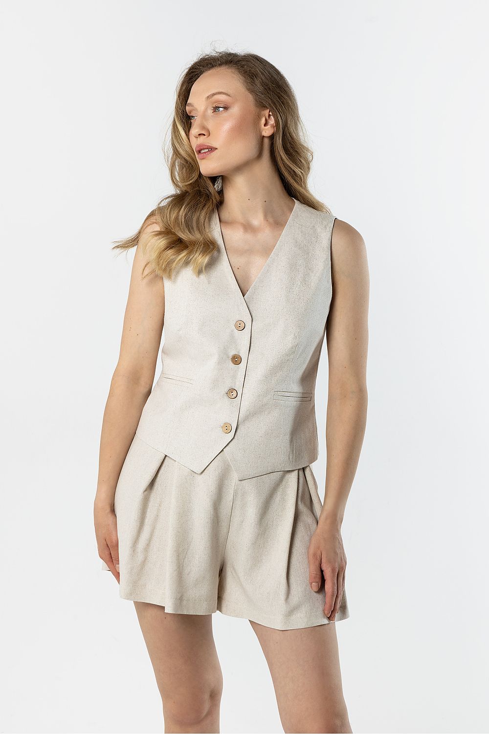 Awama Women's Beige Gilet with Buttons, Perfect for Casual Summer Outfits